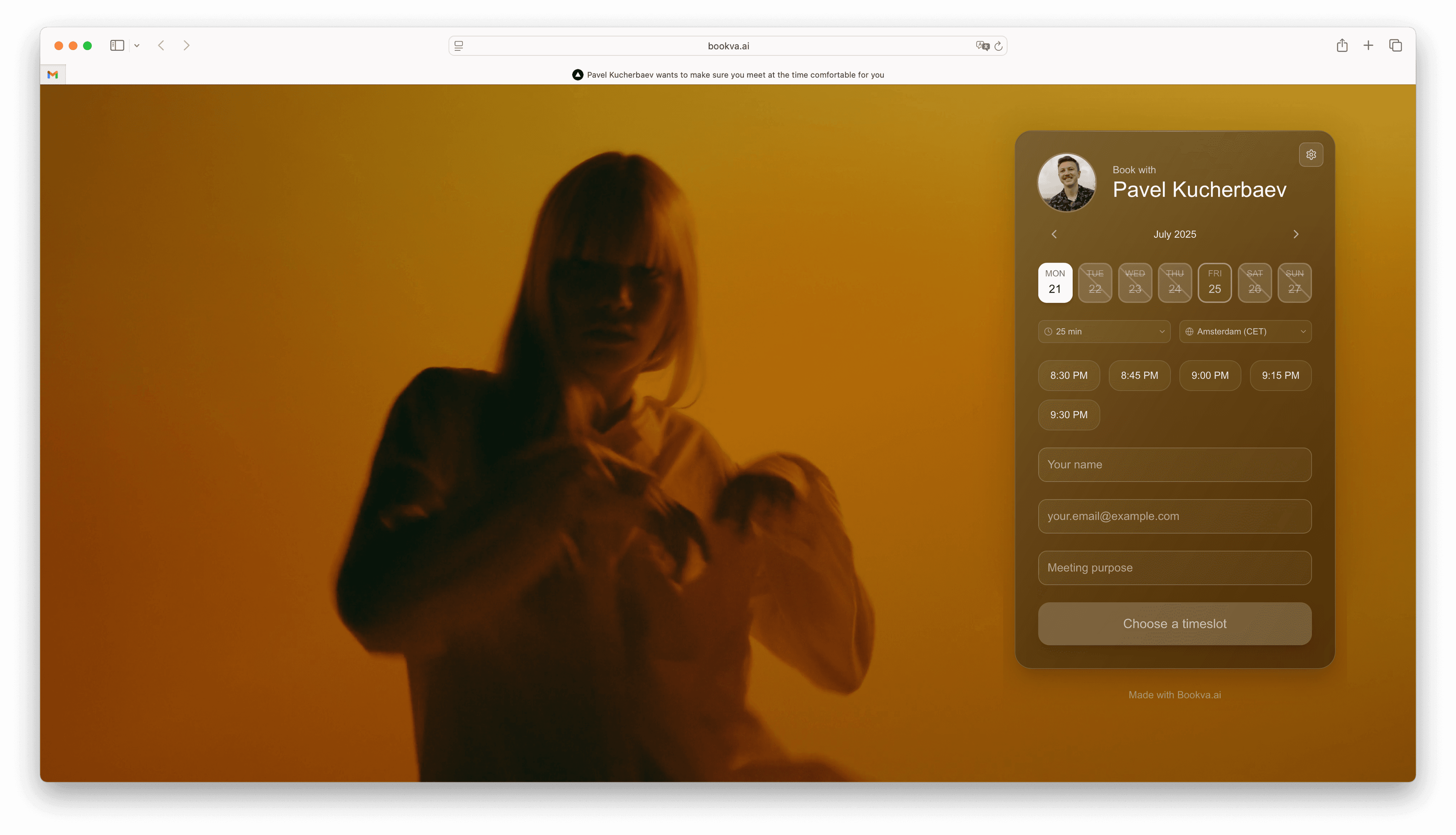 TimeTuna.com booking interface showing warm background with elegant booking widget